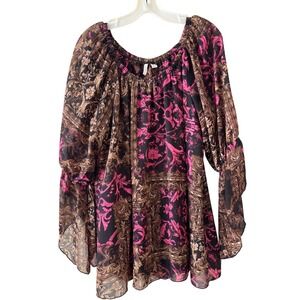 Baroque Boho Festival Peasant Top Pink Black Sheer Bell Sleeve Blouse XL